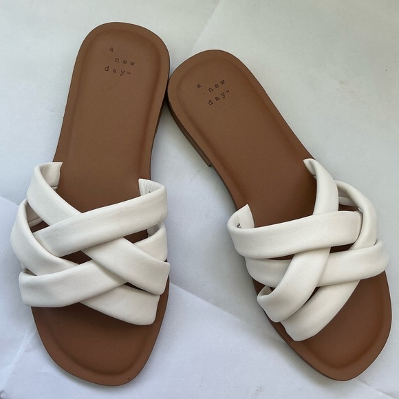 Women's White / Brown Slide Summer Beach Vacation Sandals Size 8 - Picture 4 of 7